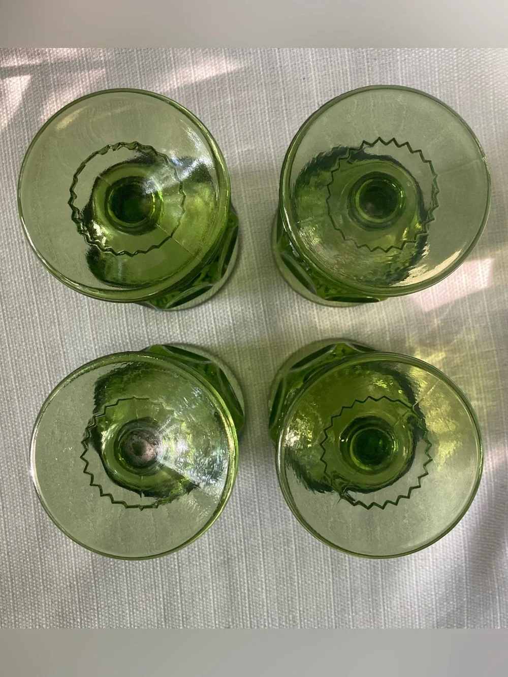 Set of 4 Vintage Indiana Glass King's Crown Green Thumbprint Design Goblets!